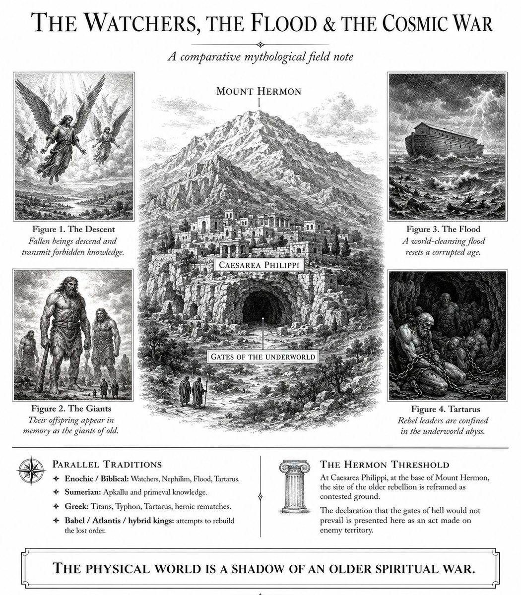niyetsel's tweet photo. every ancient myth you learned in history class is the exact same memory.

The Book of Enoch, the Sumerian tablets, the Greek epics. they all documented one massive cosmic rebellion.

Fallen beings descended on Mount Hermon.. they traded divine secrets for human daughters. They taught early humanity the original astrology, root medicine, and the forging of weapons.

Their offspring were the Nephilim. The giants of old.

The earth grew heavy with their corruption, so a worldwide flood was sent to wipe the slate clean. The rebel leaders were chained in the dark abyss. The biblical texts literally use the word Tartarus for this prison, matching the exact name the Greeks used for the underworld.

the spirits of their drowned giant offspring had nowhere to go. They became the disembodied entities roaming the earth today.

and the surviving cultures just renamed the players.

The Sumerians praised the Apkallu for bringing this forbidden knowledge. The Greeks glorified the Olympians defeating the Titans. Zeus fighting Typhon is just a retelling of the Canaanite myth of Baal fighting the chaos dragon.

Nimrod, Gilgamesh, the fallen kings of Atlantis. These are all different names for the same hybrid bloodline trying to rebuild the empire the water washed away. The Tower of Babel was their attempt to reconnect the realms.

but here is the most fascinating detail of all.

Thousands of years later, a carpenter from Nazareth walked his followers to Caesarea Philippi. This ancient city sits right at the base of Mount Hermon. Ground zero of the original angelic rebellion.

He stood at the literal foot of the mountain where the Watchers fell. He looked at a cave system the pagans called the gates of the underworld.

He declared his movement would be built right there, and the gates of hell would not withstand the offensive. He was standing on enemy territory calling his shot.

The physical world is just a shadow of a much older spiritual war.

Armageddon is not a future political conflict in the Middle East. It is the final cosmic rematch between the original factions.

We are living on a battlefield disguised as a mundane world. you just have to know how to read the symbols around you.