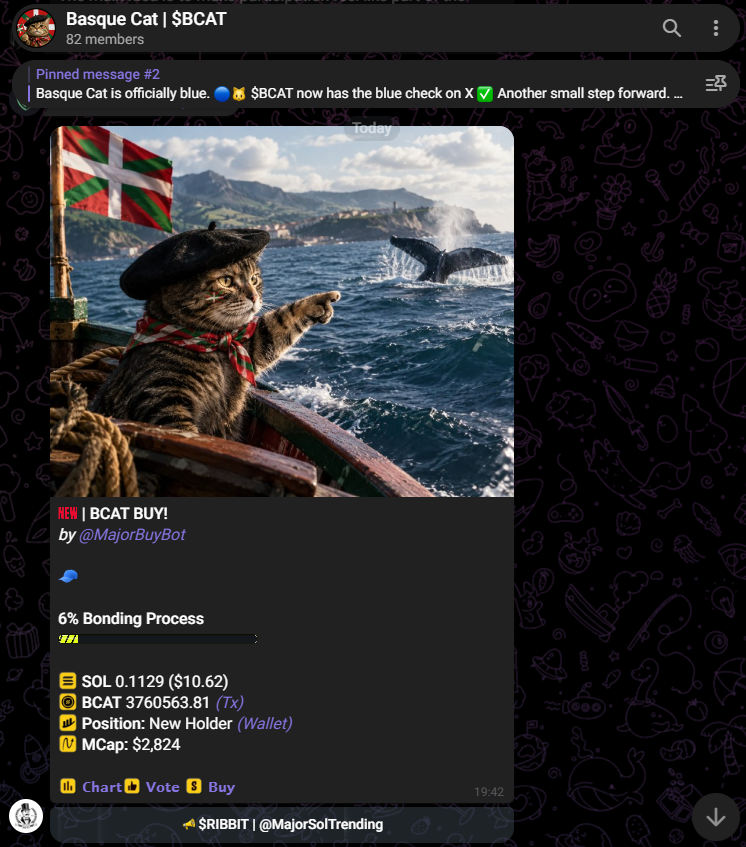 BasqueCat's tweet photo. First fully organic $BCAT buy just came in. 🐱🧢

No paid callers.
No volume bots.
No manufactured buys.
Someone found the Basque Cat and decided to join the hunt. 🐋
It’s only one buy. But every community starts with one.

Ongi etorri. ❤️💚🤍 https://t.co/H9mTWaMi7f