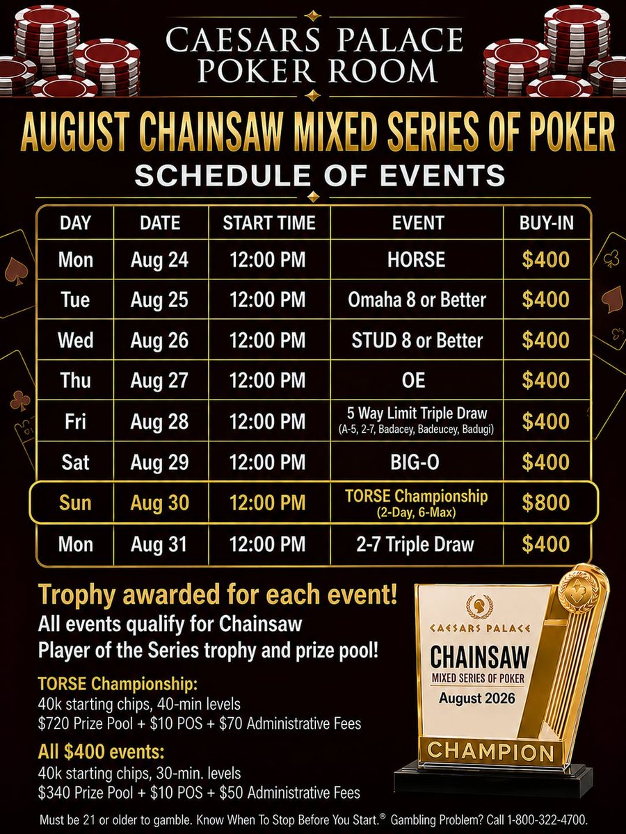 AllenKessler's tweet photo. Playing a fun $400 TORSE event today @WynnPoker 

Tomorrow is $400 Big O at Wynn, then Monday starts the Chainsaw Mixed Series of Poker @CaesarsPokerLV https://t.co/MCDjZ6pjW7