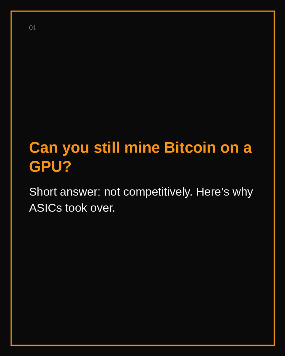 nvee3's tweet photo. Can you still mine Bitcoin on a GPU?
Not competitively. ASICs hard-wire SHA-256d — more hashes per watt than general-purpose GPUs.
GPU clouds and ASIC farms can share power/cooling. Different products. Same megawatt bottleneck.
https://t.co/s67t5zX0no
#Bitcoin #BitcoinMining https://t.co/ZwOniU35VT