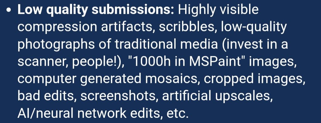 Nameless__AD's tweet photo. do NOT post on e6.
For months my posts have been getting deleted left and right for failing to meet the "minimum quality standards"

And according to the "low quality submissions"
My main art style is the reason for all of my posts being deleted. 
It's heavily based on MSPaint https://t.co/rsVZhN6e8t