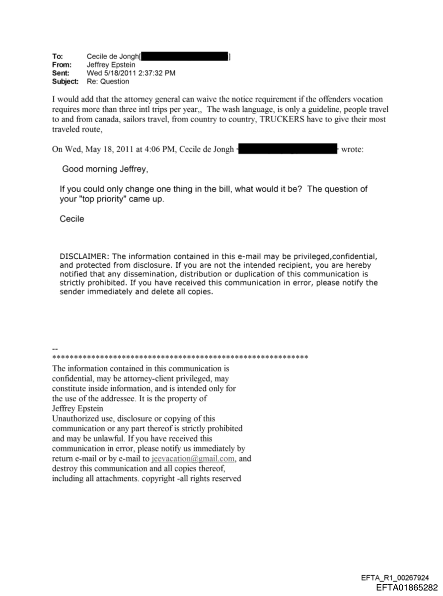 epsteinsearchin's tweet photo. "If you could only change one thing in the bill, what would it be?"

The Virgin Islands first lady to Jeffrey Epstein, a registered sex offender, 2011.

His answer: waive the notice requirement for offenders who travel abroad more than three times a year. https://t.co/BiTiqyFwVP