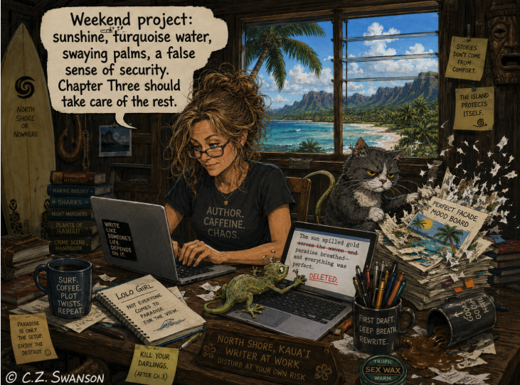 uthorcdswanson's tweet photo. #SaturdayShenanighans, #WritingCommunity North Shore Kauai writer at work. Disturb at your own risk. #CZUnsupervised https://t.co/buAeW0hapR