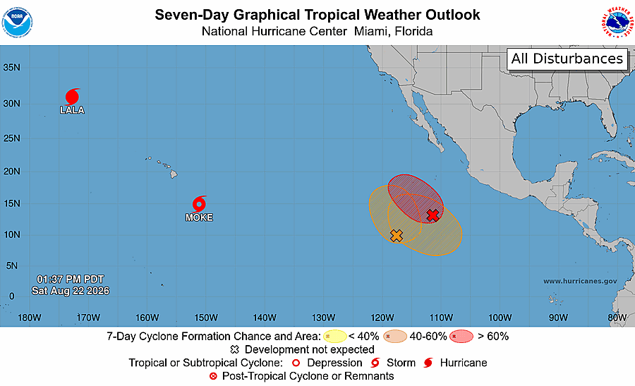 JTAnimates2026's tweet photo. #LALA; 75mph 981mb- Lala remains a hurricane very high north.
#MOKE; 50mph 996mb- Heavy rainfall &amp; gusty winds to reach Hawaii soon. Flooding will occur.
#91E (50/50); A TD could still form.
#92E (90/90); A TD/TS is expected to form.
AOI 3 (0/40); A TD could form,
#wxtwitter https://t.co/sipsFPVVVn