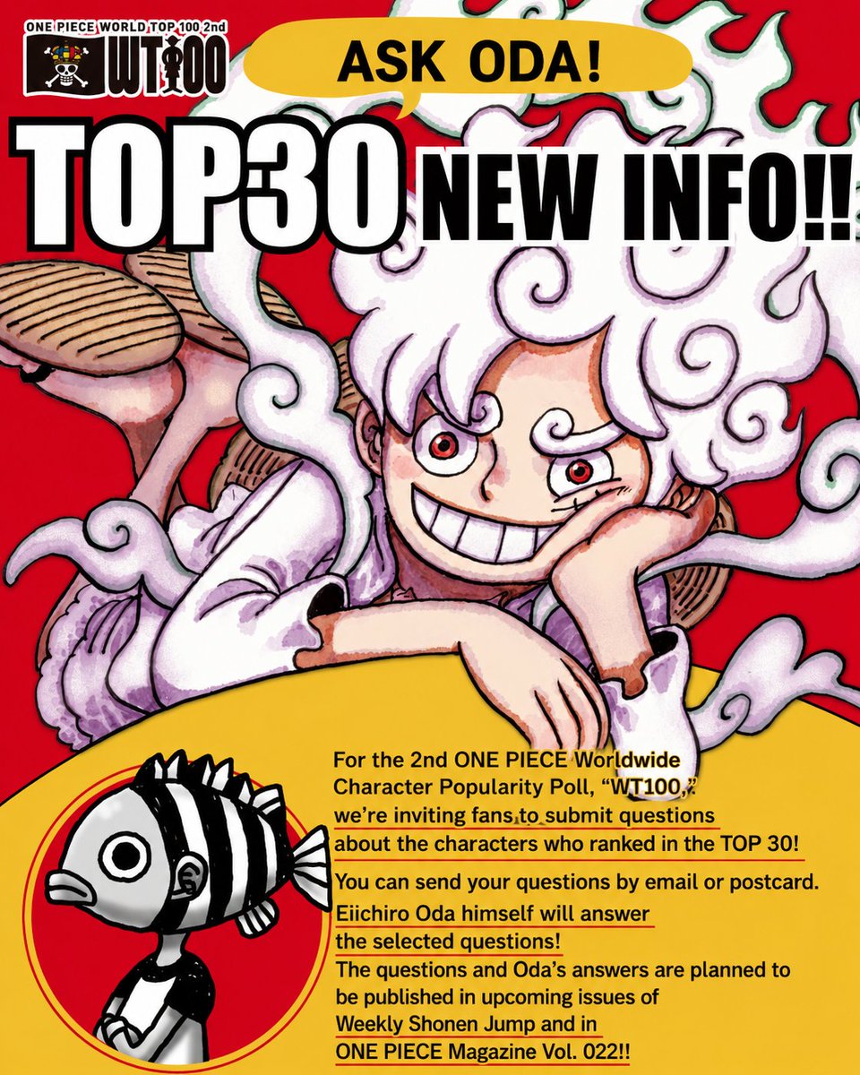 pewpiece's tweet photo. Eiichiro Oda will answer fan questions about the Top 30 winners! He will personally select the questions and answer them in upcoming issues of Weekly Shonen Jump and onepiece Magazine. https://t.co/zGYdpRO6bM