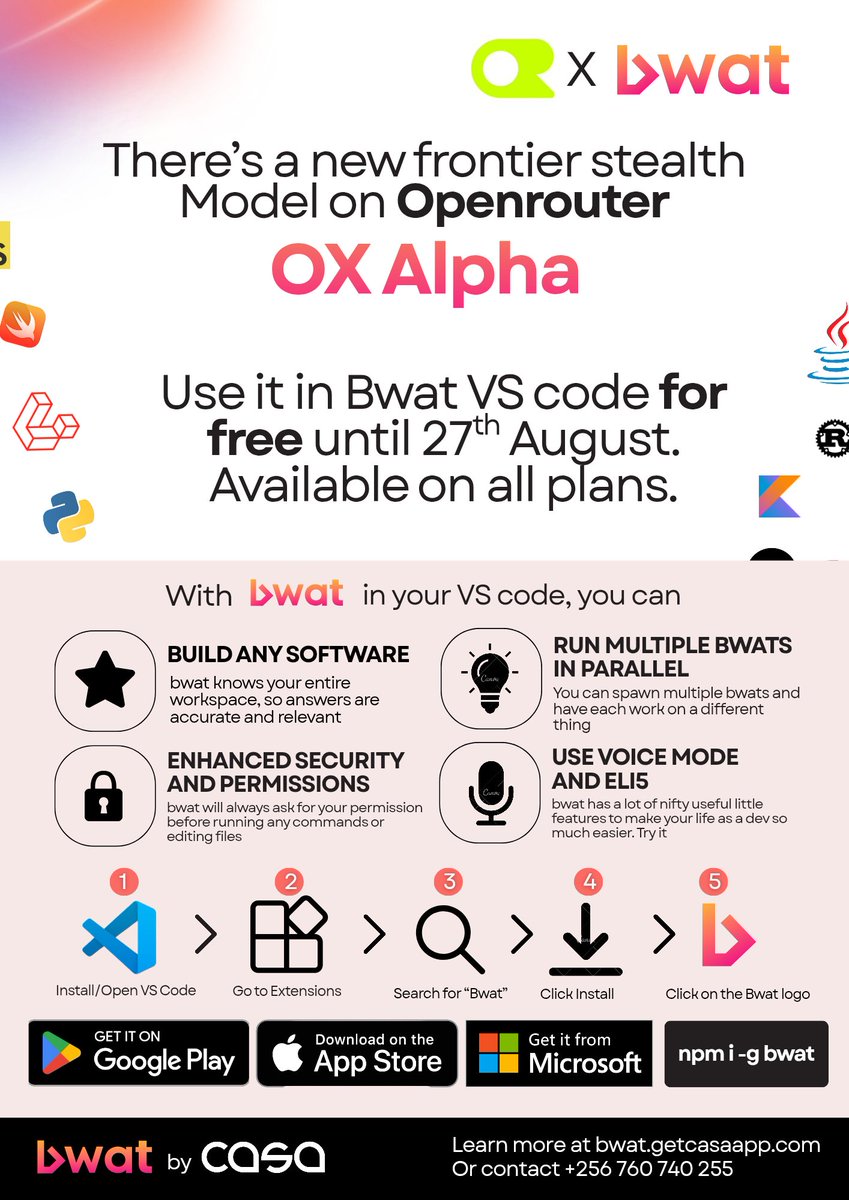 askbwat's tweet photo. A new stealth model named OX Alpha recently dropped on OpenRouter is making waves in the developer community.

Maximize it for free using Bwat in your VS code and build any software you want. https://t.co/HjZw7BkUim