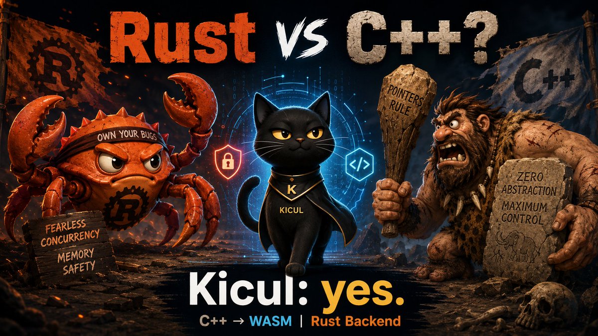 IxodiaF's tweet photo. Rust vs C++? We chose yes. 🐈‍⬛

There’s been a lot of Rust vs C++ discussion lately.

Rewrite it in Rust.
Modern C++ is perfectly fine.
Memory safety.
Performance.
Ecosystem.
Compile times.

Meanwhile, while building Kicul, we ended up with a much less exciting answer:
Use both.

We use C++ compiled to WebAssembly where we want native-ish performance inside the browser, and Rust for the backend/system side.

Not because one language “won���.
Because they solve different parts of the problem well.

I think developers sometimes turn programming languages into football teams. But users don't care what language won the argument. They care whether the software is fast, reliable, and works.

So for Kicul:

Rust 🤝 C++ 🤝 WASM

Now I'm curious...

If you were starting a systems-heavy developer tool today, would you go 100% Rust, 100% C++, or mix both? 🍿

#Rust #CPP #WebAssembly #DevTools