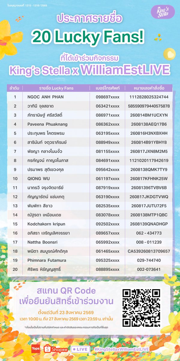 kingstella_th's tweet photo. ประกาศรายชื่อ Lucky Fans! 
King’s Stella x WilliamEstLIVE

ขอแสดงความยินดีกับ Lucky Fans ทั้ง 20 ท่าน ที่ได้รับสิทธิ์เข้าร่วมกิจกรรมสุดเอ็กซ์คลูซีฟ King’s Stella x WilliamEstLIVE 💚

🎟️ ตรวจสอบรายชื่อของคุณได้จากภาพในโพสต์นี้
📍 พร้อมตรวจสอบ Seating Lucky Fans และลำดับที่นั่งของคุณ

อย่าลืม! สแกน QR Code หรือคลิ๊กลื้งค์เพื่อยืนยันสิทธิ์เข้าร่วมงานภายในระยะเวลาที่กำหนด
https://t.co/Vtj9DnuaoU

ดูรายละเอียดกิจกรรมเพิ่มเติมได้ที่
https://t.co/NKQ60QvpWY

แล้วมา Feel the Bloom พร้อมสัมผัสโมเมนต์สุดพิเศษกับ William Est ไปด้วยกัน

#FeelTheBloom #KingsStellaxWilliamEstLIVE