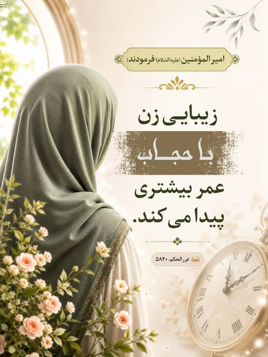 Jazerh99's tweet photo. امیرالمومنین علی علیه السلام:
زیبایی زن
با حجاب
عمر بیشتری پیدا میکند🍀

#حجاب_فاطمی
#مکتب_ایستادگی
#خون_جاری https://t.co/tPIf3o5A2d
