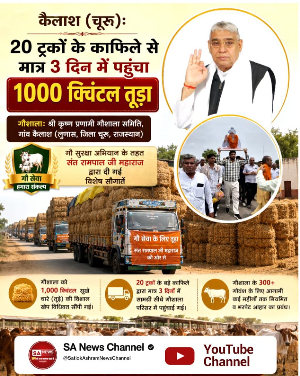 kajalDasi_'s tweet photo. जगत के तारणहार Sant Rampal Ji Maharaj जी की #गौ_सुरक्षा_अभियान के तहत श्री कृष्ण प्रणामी गौशाला, कैलाश (चूरू) को 20 ट्रकों के काफिले से मात्र 3 दिनों में 1000 क्विंटल तुड़ा पहुंचाया गया। इससे 300 से अधिक गौवंश के लिए चारे की व्यवस्था सुनिश्चित हुई।
#GodMorningSunday https://t.co/1qlWyfHi9O