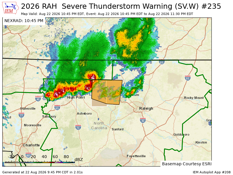 wxbrad's tweet photo. RAH issues Severe Thunderstorm Warning [wind: 60 MPH (RADAR INDICATED), hail: <.75 IN (RADAR INDICATED)] for Alamance, Orange [NC] till 11:30 PM EDT https://t.co/qLJHmwXhbq https://t.co/FLn5QRbPtY