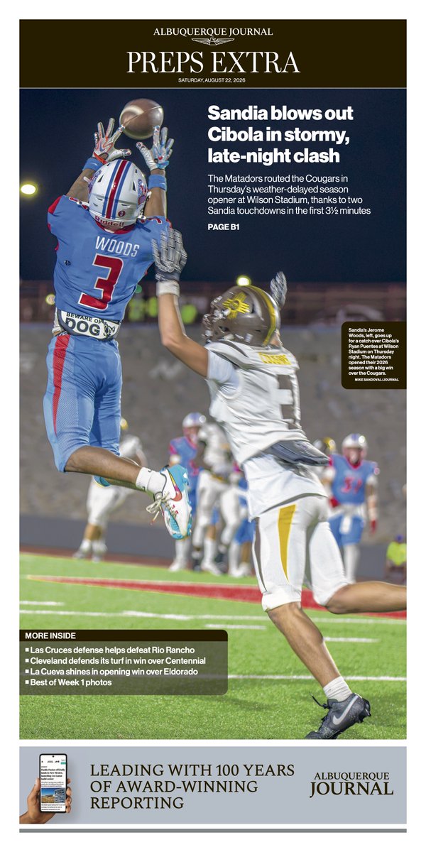 GeoffGrammer's tweet photo. Deadlines prevent us from getting Friday night HS football out for morning print editions, but in addition to stories posted on web site, the @ABQJournal produces an overnight E-Edition/print replica.

@davevasquez78, Taylor Hood and @JamesDYodice drive that effort. Here's Week 1's offering from the crew. #SupportLocalJournalism 

SUBSCRIBE: https://t.co/JFQRZZUAfT