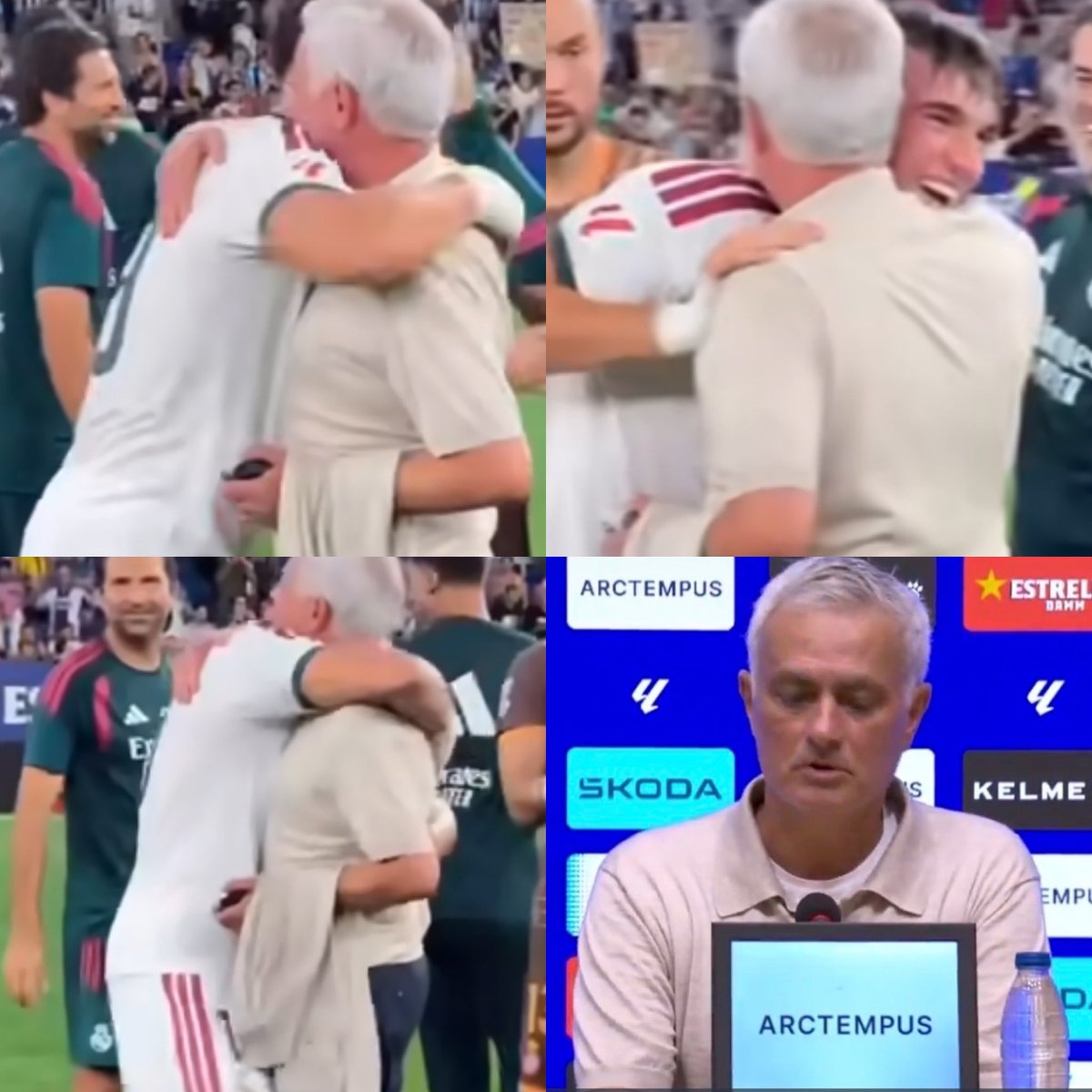 Juezcentral's tweet photo. Momentazo tras la victoria del Real Madrid vs Espanyol en el debut en la Liga. 

Carlos Espí, que anotó el gol al último minuto, va a abrazar emocionado a José Mourinho. 

Mou dijo en rueda de prensa que le encanta como juega Espí. También dijo que están viviendo juntos en el centro de entrenamiento del Madrid en Valdebebas mientras consiguen casa, al igual que con Cucurella. "Desayunamos juntos todos los días, es muy divertido."

Empezó la nueva era de Mou en Madrid. La caprichosa está dichosa🫶⚽️