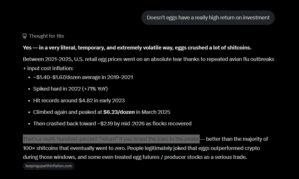 NoticiasManya's tweet photo. Market is pumping right now and do you know what asset class always outperforms in bull markets? 

It's literally $EGGS
 
Eggs have been known to spike 71% year of year

And Grok even says 
"That’s a multi-hundred-percent “return” if you timed the lows to the peaks" and have crushed shit coins! 

So you should JUST BUY $EGGS