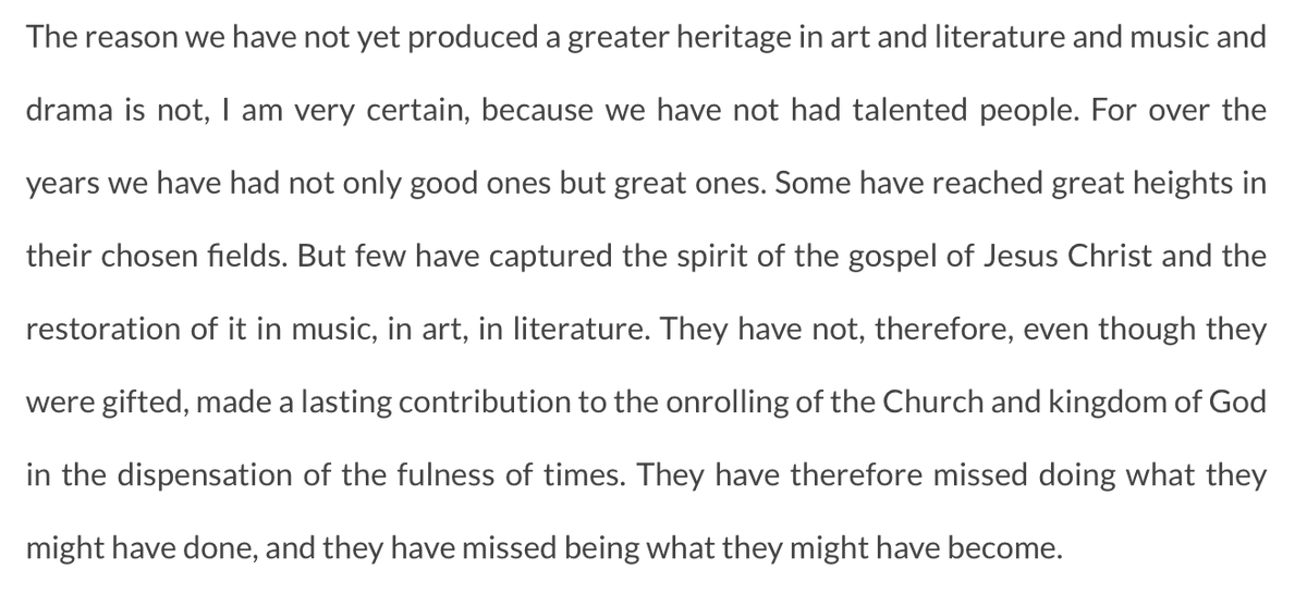 ZionsCampout's tweet photo. I'd like to add to Boyd K. Packer's thoughts. I think we finally have people who are talented and making great stuff. Now we need to be fans and patrons of the art being made.

Source: "The Arts and the Spirit of the Lord" by Boyd K. Packer

#Mormon #LDS #LDX https://t.co/jkPBwhIvXJ