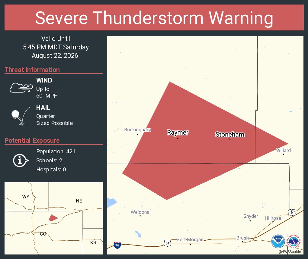 NWSBoulder's tweet photo. Severe Thunderstorm Warning including Raymer CO and  Stoneham CO until 5:45 PM MDT https://t.co/DQZx1u5FKw