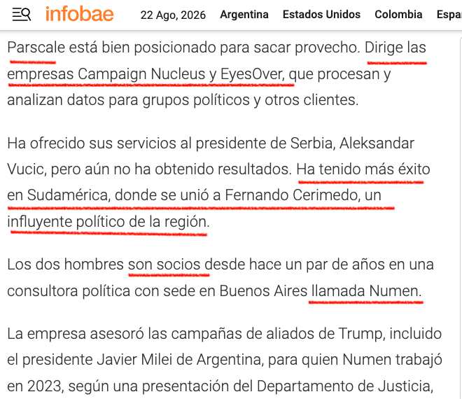julitolopez's tweet photo. 🔥ATENTOS: - ¿Cuál es la tecnología que agradece Fernando Cerimedo a Brad Parscale? 

 "Campaign Nucleus" del cual Brad Parscale es fundador, y "Eyeover", a la que integró al ecosistema de Nucleus.

Ambas tecnologías son representadas como licenciatarios exclusivos en LATAM a partir de marzo 2025 por Numen, donde Parscale y Cerimedo  son socios según nota de "La Derecha Diario", entre otros.

Esta "suite" se utilizó en Bolivia y Honduras.

Es el Tangogestion de las campañas de la derecha. 

Mientras EyesOver dice el "qué" decir, Campaign Nucleus targetea A QUIÉN decírselo.

Durante la campaña 2016 de Trump, se gastaron U$S96M de dólares en proveedores de tecnología; la gran parte fue a parar a Cambridge Analytica.

Brad ya había contratado personal de Cambridge Analytica y expuso que tanto Facebook, Google y Twitter le dieron "recursos humanos in house"  para mejorar la explotación de las campañas.

Seguramente hay más "software" bajo la mesa y servicio "no descritos" en los contratos.

La remontada de Cerimedo por LATAM quizás responde a la representación de la "suite" tecnológica de Brad Parscale le dio y su posterior agradecimiento en febrero de 2026 por parte de Fernando.