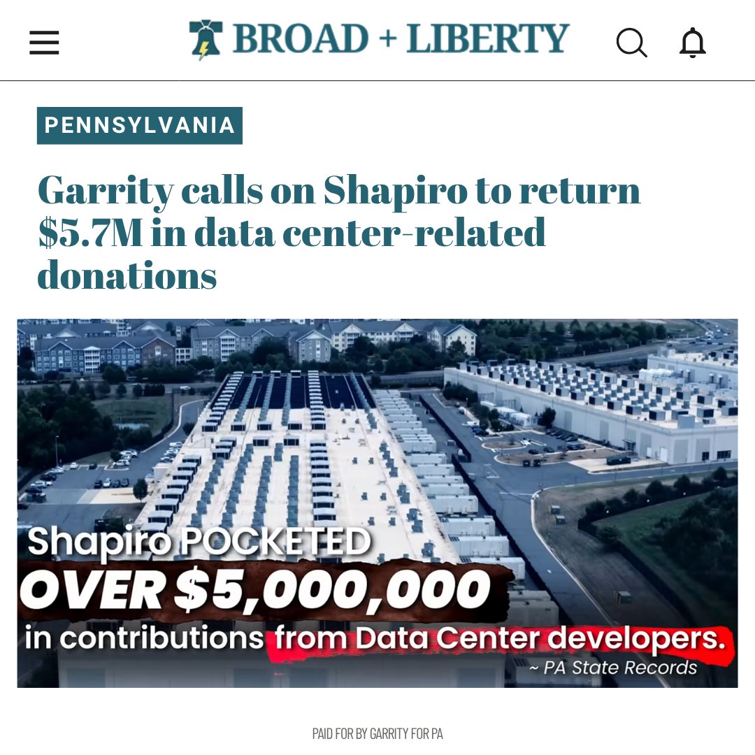 GarrityForPA's tweet photo. For months, I’ve been traveling across Pennsylvania and listening to families, farmers, and local communities that are concerned about data center development. 

They deserve more than political posturing from Harrisburg. 

That’s why I’m calling on Josh Shapiro to return the $5.7 million in campaign contributions tied to out-of-state data center interests. 

It’s time to put Pennsylvanians first. 

🔗: https://t.co/7rZfgNtKCc

#JoshShapiro #DataCenters #GarrityRichey