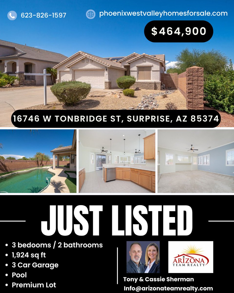 AZTeamRealty's tweet photo. ๐ขNEW LISTING!!
๐ฒFor a private tour, call us directly at 623-826-1597.๐ปView Listing -https://t.co/ObFTmDXJVv
#arizonateamrealty #azrealtor #surpriseaz #singlelevelhomesforsale #husbandandwifebrokerteam #homewithpool https://t.co/Ln9Knblslh