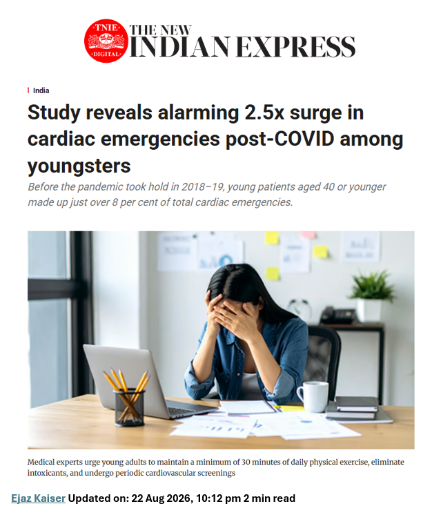 BigBadDenis's tweet photo. 🇮🇳India: "Study reveals alarming 2.5x surge in cardiac emergencies post-COVID among youngsters"

Before the pandemic in 2018–19, patients under 40 made up over 8% of cardiac emergencies. That figure has since escalated more than 2.5x to nearly 21% of cases. https://t.co/sju0psPtya