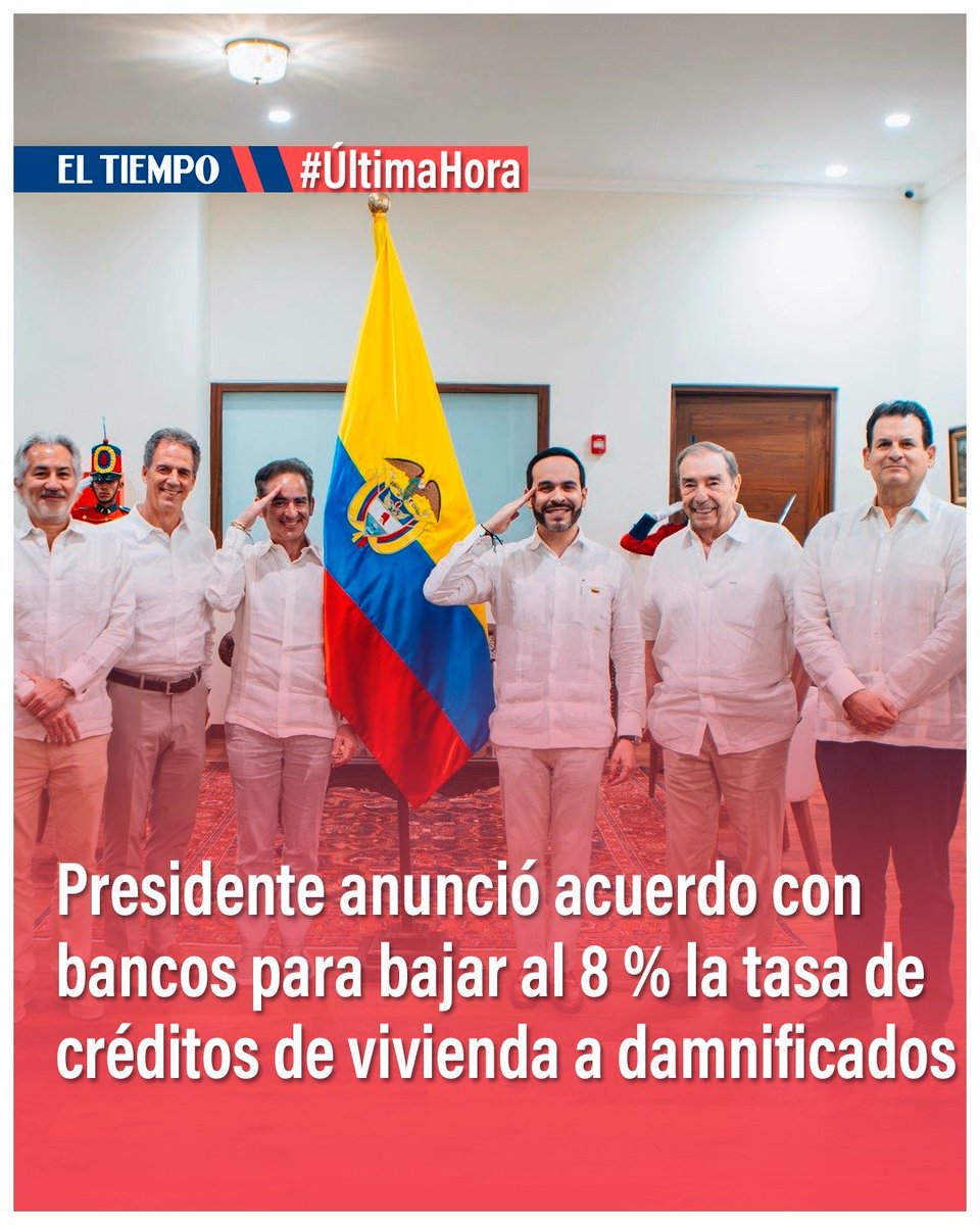 ELTIEMPO's tweet photo. 🔴 ATENCIÓN: Presidente De La Espriella anuncia acuerdo con algunos bancos que accedieron a reducir a 8% tasa de crédito de vivienda para damnificados por terremoto. La petición fue aceptada por el Grupo Aval, Banco GNB Sudameris y Grupo Bolívar. 

"Mi gratitud por esta decisión, que representa un verdadero alivio para miles de familias colombianas”, afirmó el primer mandatario. Ampliación: https://t.co/89McQfQl52