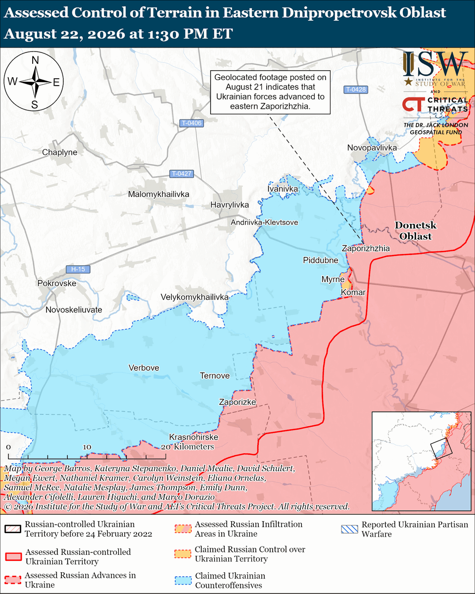 TheStudyofWar's tweet photo. NEW: Russian President Vladimir Putin used his August 22 speech at the United Russia Party Congress to further establish United Russia as the war party, thus setting conditions to use the party’s inevitable victory in the upcoming State Duma elections as evidence that the Russian people support a protracted war in Ukraine while further solidifying the party’s pro-war stance as a central part of Russia’s informal state ideology.

Other Key Takeaways:

Putin framed Russia’s ongoing combined strike campaign against Ukraine as a victory to the Russian public in order to offset Russia’s lack of tactical success on the battlefield and present Russia as having the capability to formulate kinetic responses to Ukrainian actions.

Putin acknowledged the effects of Ukrainian long-range strikes on Russia’s fuel infrastructure and emphasized the need to improve Russia’s air defense systems.

Putin reiterated his continued unwillingness to engage in any meaningful peace negotiations to end the war in Ukraine.

Ukrainian forces continued their long-range strike campaign against Russian port, oil, and dual-use logistics infrastructure.

Russian forces launched an unspecified number of ballistic and quasi-ballistic missiles, three cruise missiles, and 271 drones against Ukraine overnight.

Ukrainian forces recently advanced in central Kostyantynivka, northeast of Oleksandrivka, and west of Orikhiv.
