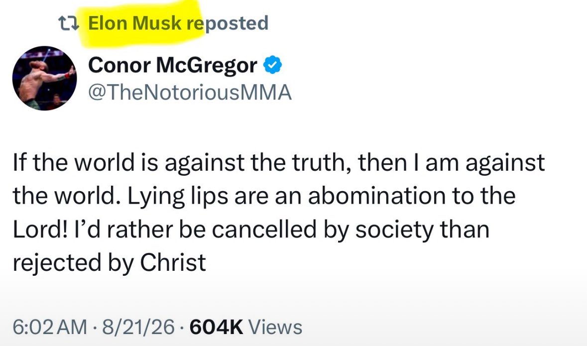 annamlulis's tweet photo. Elon Musk just retweeted Conor McGregor praising Christ 🙏 https://t.co/VblNWhA3KP