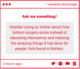 caenead's tweet photo. sorry for being unhappy with the state of the surgical treatment for my lifelong condition. also """"THEYYYYYFABBBBB""" i know what you are i don't care what you have to say. go dilate and seethe. https://t.co/g0m49FAnqV