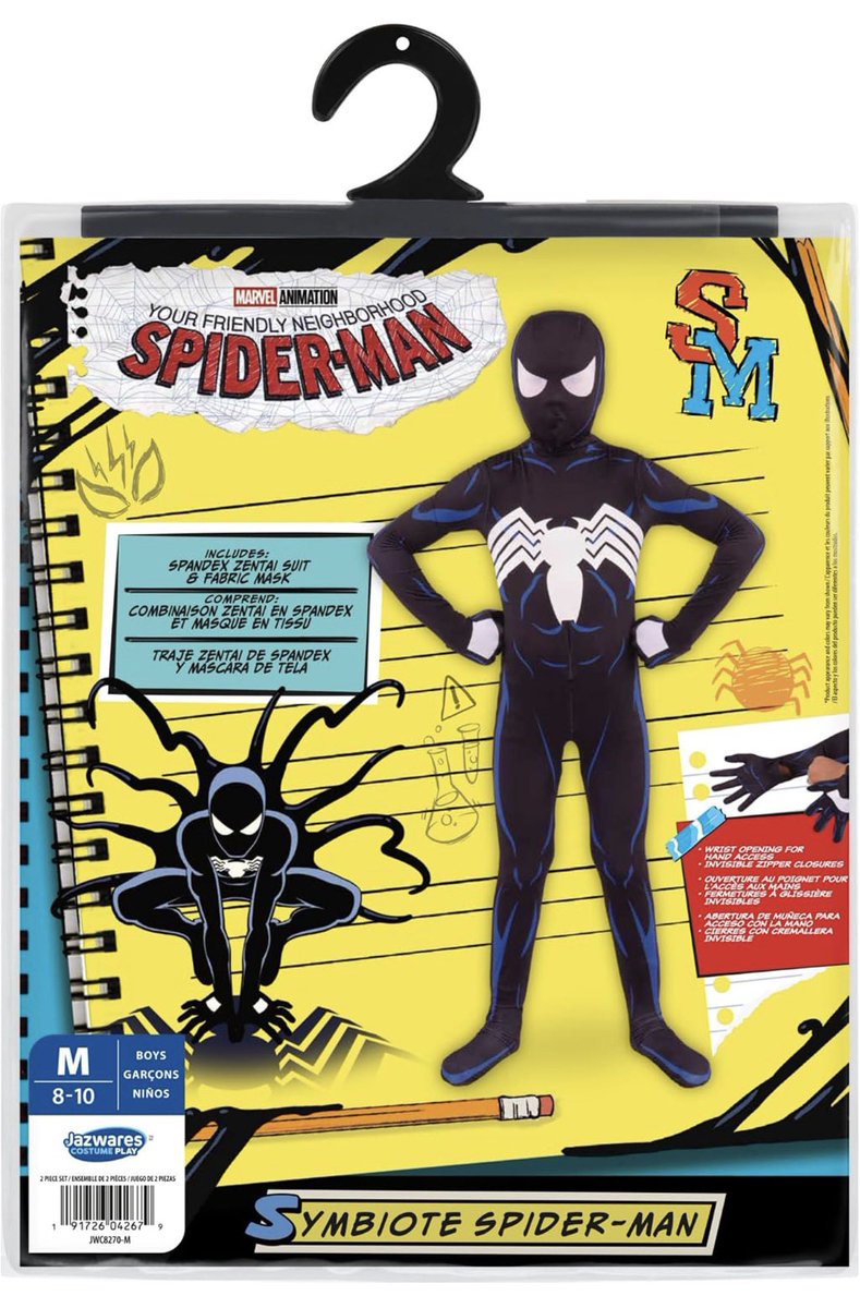 thevenomsite's tweet photo. As other’s have pointed out:

An Amazon listing for a symbiote Spider-Man costume from Your Friendly Neighborhood Spider-Man hit this last week.

While it’s pretty classic black suit, it does have a unique symbol with the spider mandibles and top two legs merging. https://t.co/s7Pe2AGkJb