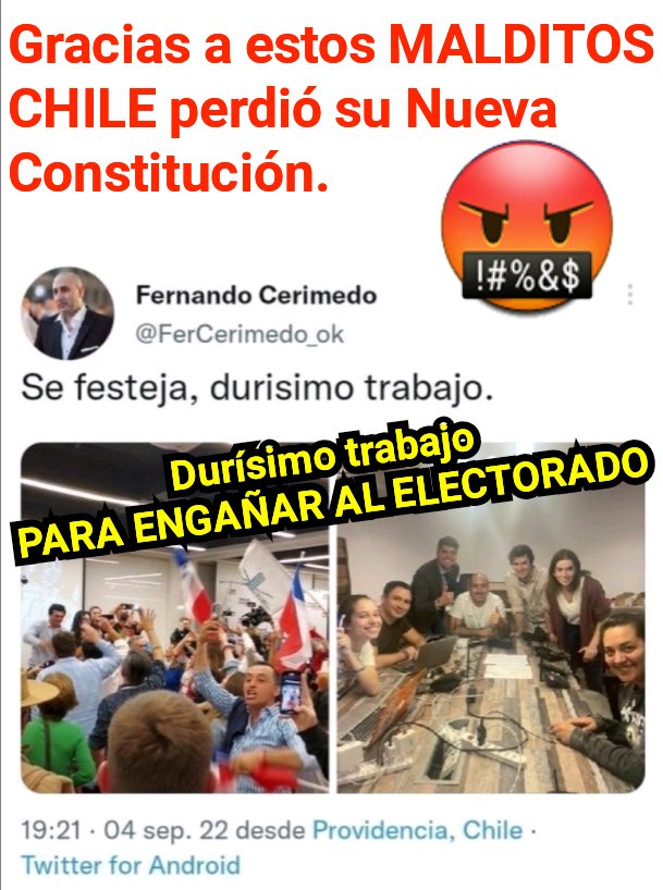 Incorru47125032's tweet photo. ¿Alguien más cree que la nueva constitución debería volver a votarse?
Ya está claro q el electorado fue engañado e inducido a rechazar por la influencia de este grupo de manipuladores profesionales dedicados a infectar la mente del votante.
La democracia está en grave peligro. https://t.co/brvaFEWLwQ