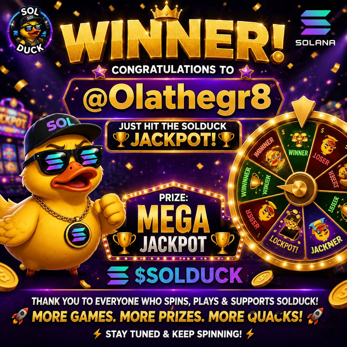 SolDuck_'s tweet photo. 🚨🦆 QUACKPOT ALERT!!! 🦆🚨
🏆 Big congratulations to @Olathegr8 for hitting the SolDuck MEGA JACKPOT! 🎰💰
Bro spun that wheel and SolDuck said:
“Okay… somebody actually gotta win this thing!” 😂😂
💎 Another winner. Another bag. Another reason to keep spinning!
🎰 Spin it. https://t.co/uALw4kq6mg