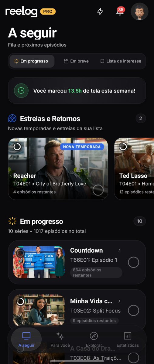 getreelog's tweet photo. 🎉 Nova atualização do Reelog para Android

✨ Novo design da tela de progresso, agora ela é dividida em 3 sessões:

- Estréias e Retornos: Destaca séries voltando para novas temporadas e séries novas que estavam na sua lista de interesse que finalmente vão estrear.

- Em progresso: A séries que você está acompanhando regularmente.

- Continue de onde parou: Séries que você não não marca um episódio como assistido a mais de 2 meses para que não esqueça de continuar sua maratona.