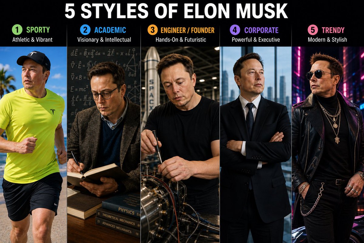 BubbleTeaToday's tweet photo. Which look would you pick for @elonmusk ? 

🏃 1️⃣ Sporty
🤓 2️⃣ Academic
🚀 3️⃣ Engineer
💼 4️⃣ Corporate
😎 5️⃣ Trendy

Reply with your pick! 👇 https://t.co/vf7jgDLAg1