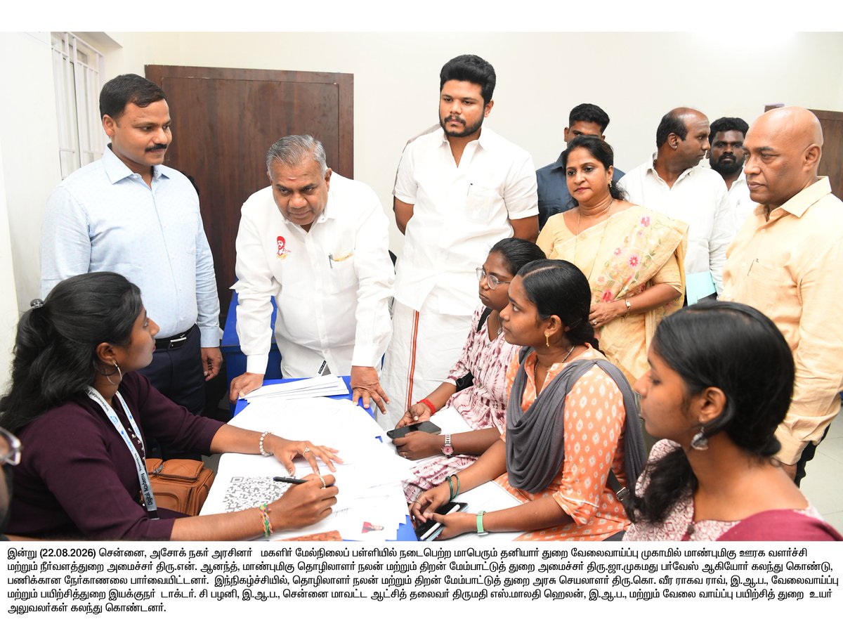 TNDIPRNEWS's tweet photo. வேலைவாய்ப்பு மற்றும் பயிற்சித் துறையின் கீழ் செயல்படும் சென்னை மாவட்ட வேலைவாய்ப்பு மற்றும் தொழில்நெறி வழிகாட்டும் மையம் மூலமாக (22.08.2026) அன்று சென்னை அசோக் நகர் அரசினர் மகளிர் மேல்நிலைப்பள்ளியில் மாபெரும் தனியார் துறை வேலைவாய்ப்பு முகாம் மாண்புமிகு ஊரக வளர்ச்சி மற்றும் நீர் வளத்துறை அமைச்சர் திரு.என்.ஆனந்த் மற்றும் தொழிலாளர் நலன் மற்றும் திறன் மேம்பாட்டுத் துறை அமைச்சர் திரு.ஜா.முகமது பர்வேஸ் ஆகியோர்களின் தலைமையில் நடைபெற்றது.

#CMJosephVijay | #TNDIPR | @TVKVijayHQ |
@imrajmohan | @BussyAnand | @Farvace_Offl |