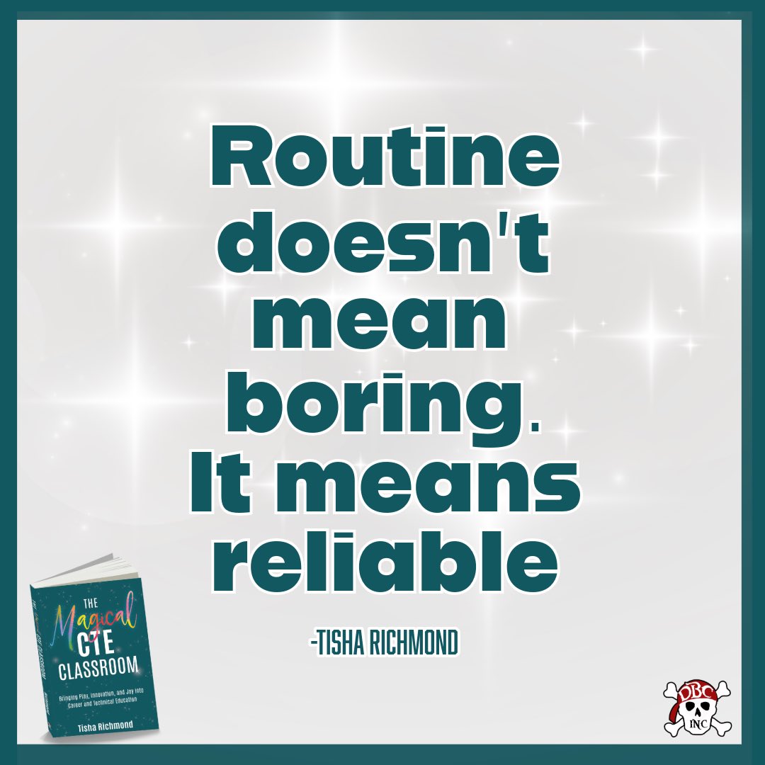 burgessdave's tweet photo. "Routine doesn't mean boring. It means reliable." - @tishrich in The #MagicalCTE Classroom
There is a place for novelty and spontaenity.
But, that doesn't mean having reliable routines that provide structure is a bad thing.
https://t.co/sO3MXwin6q
#dbcincbooks #tlap #fcs #cte https://t.co/ImF75wuGLn