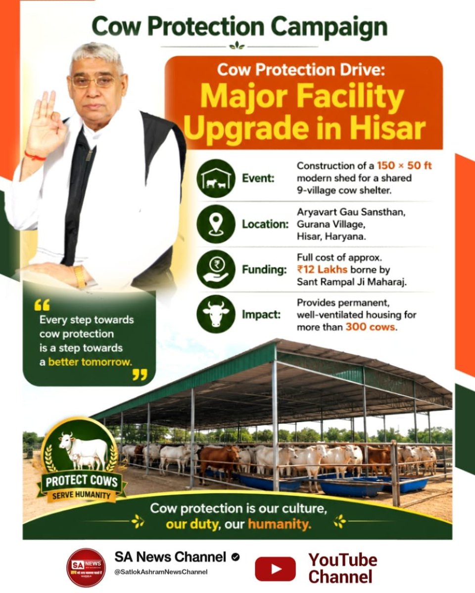 ajaydass_'s tweet photo. #GodMorningSunday
💫
-@SaintRampalJiM ji has fully funded the construction of a 150 x 50 ft modern shed at the Aaryavart Gau Sansthan, Gurana Village, Hisar, Haryana. This facility will provide permanent shelter and comfort to more than 300 cows..
🙏
#गौ_सुरक्षा_अभियान https://t.co/AxX7evGBnu