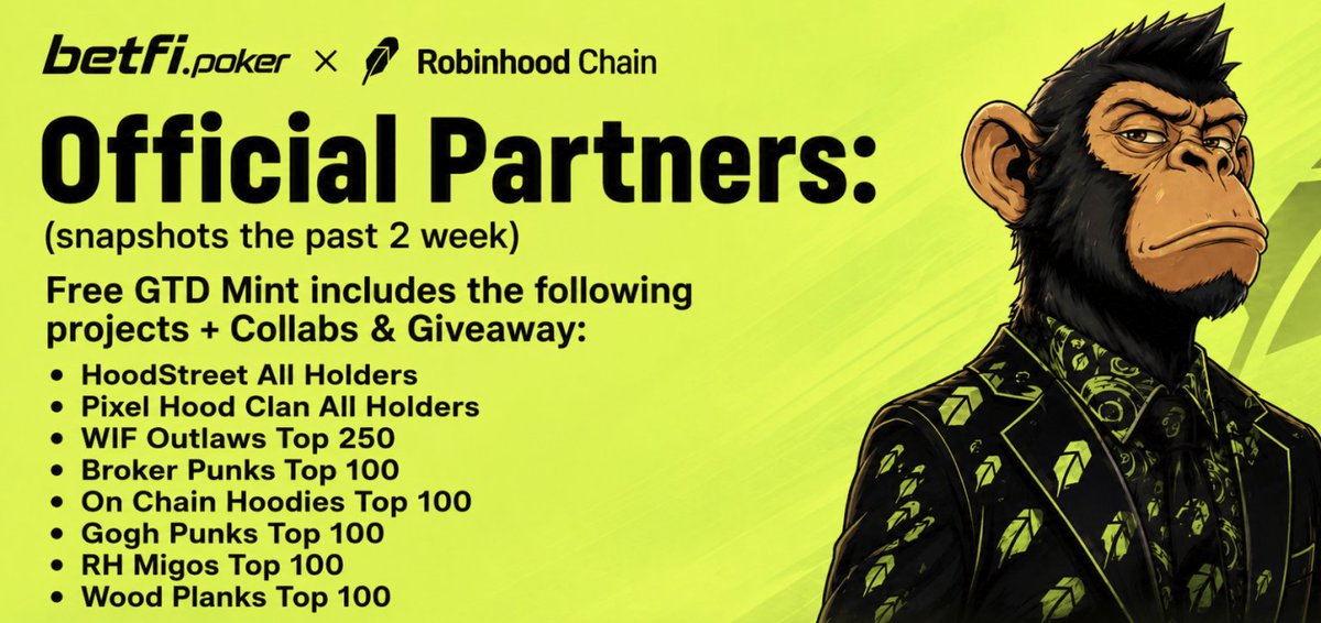 TheSuitedApes's tweet photo. Here are the Official Partners so far for our Free GTD Mint less than 2 weeks away:

@HoodStreetCap @pixelord @RobinWifHat @brokerpunksnft @OnChainHoodies @goghpunks @RobinhoodMigos @RobinWoodPlank 

Who else do you want to see? Finalizing next week!

#RobinhoodChain #RobinhoodNFTs