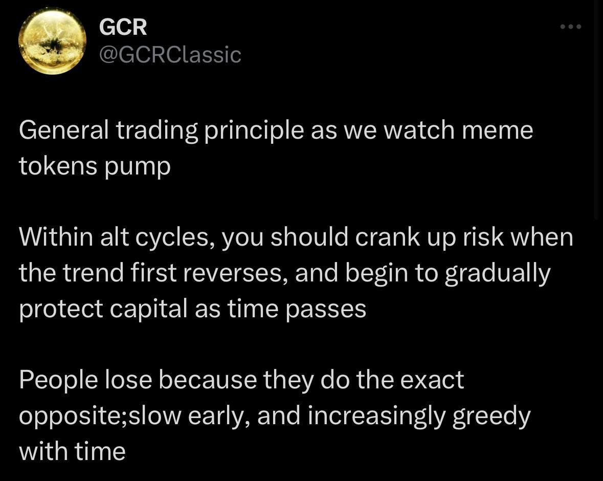 RowdyCrypto's tweet photo. infliction points in macro crypto markets are where the $PEPE's and $WIF's are born, billion dollar on chain runners

there are asymmetrical risks to rewards after a year of slow bleed and 3 months of summer chop throughout the most bear news headlines involving crypto

your goal as a trader on chain is to risk according at these key infliction points. if done correctly, its arguably the most important trade in a trader's career

the difference between hitting a 10x or 100x at the start of this cycle vs later means that same capital compounds into an even greater 10x or 100x down the road, into a cumulative 10,000x

i know this may seem a little goofy, unrealistic, impossible, but in reality its actually safer to be taking risk now than to be taking risk towards the end of the cycle. that's when the games are solved, that's when the metas have been played though, that's when the upside shallows in comparison to the downside in taking a trade, massively effecting EV

i leave you on one of my favorite @GiganticRebirth quotes