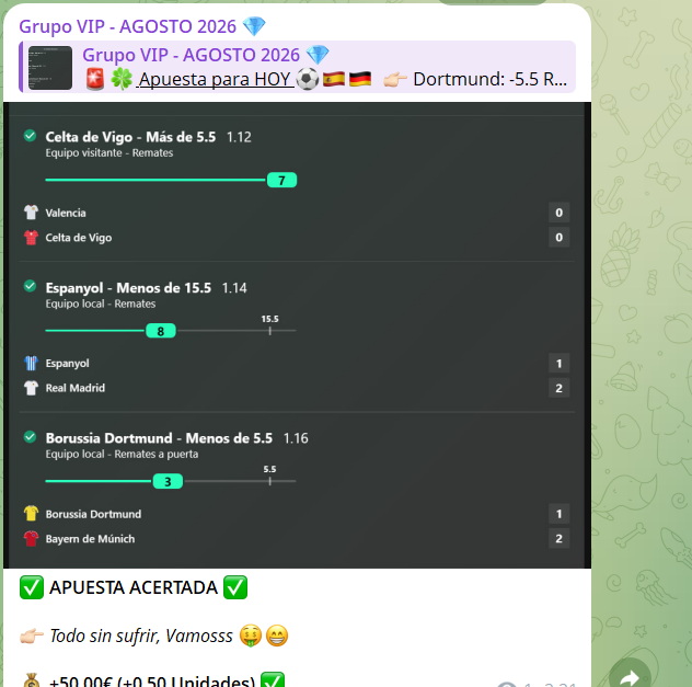 GDiariaBets's tweet photo. 🔥Seguimos sumando aciertos por el Grupo VIP💎

✅Hoy 2/2 y ya son +7,76 Unidades Ganadas

😁Os espero a todos en el de Septiembre donde vamos a tener muchisimo contenido

📅Vamos a acabar el mes con esta buena dinámica!! https://t.co/i0q9Bpyenc