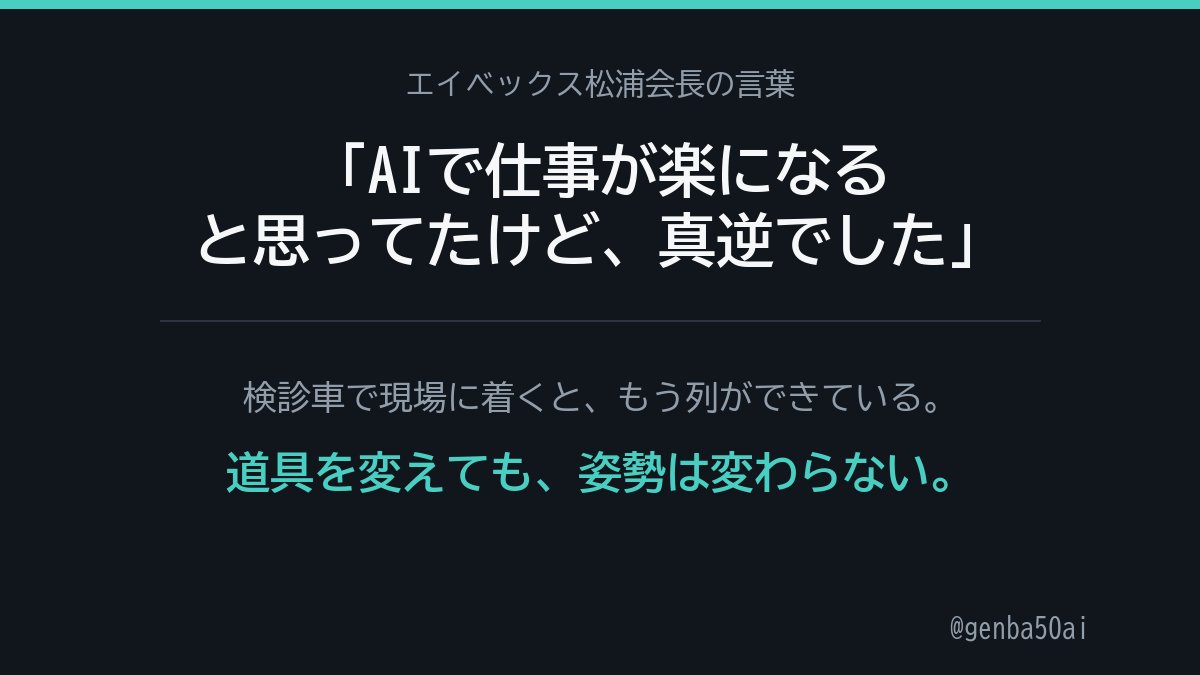 genba50ai's tweet photo. 検診車を運転して現場に着くと、もう列ができています。

毎回30人以上。最後尾は、30分以上待つこともあります。

エイベックス松浦会長が、noteの連載をほぼAIで作っているそうです。
「AIで仕事が楽になると思ってたけど、真逆でした」
数十回もAIとやり取りして、休むという概念がなくなった、と。

分かる気がします。

動線を工夫すれば早く終わる。そう思って現場の流れを何度も見直しました。
でも早く終わらせることと、待っている人の安心は、別物でした。

道具や仕組みを変えても、向き合う姿勢が変わらなければ楽になりません。
AIも、きっと同じ気がします。
🔗 https://t.co/OcC2i5ZS0v
