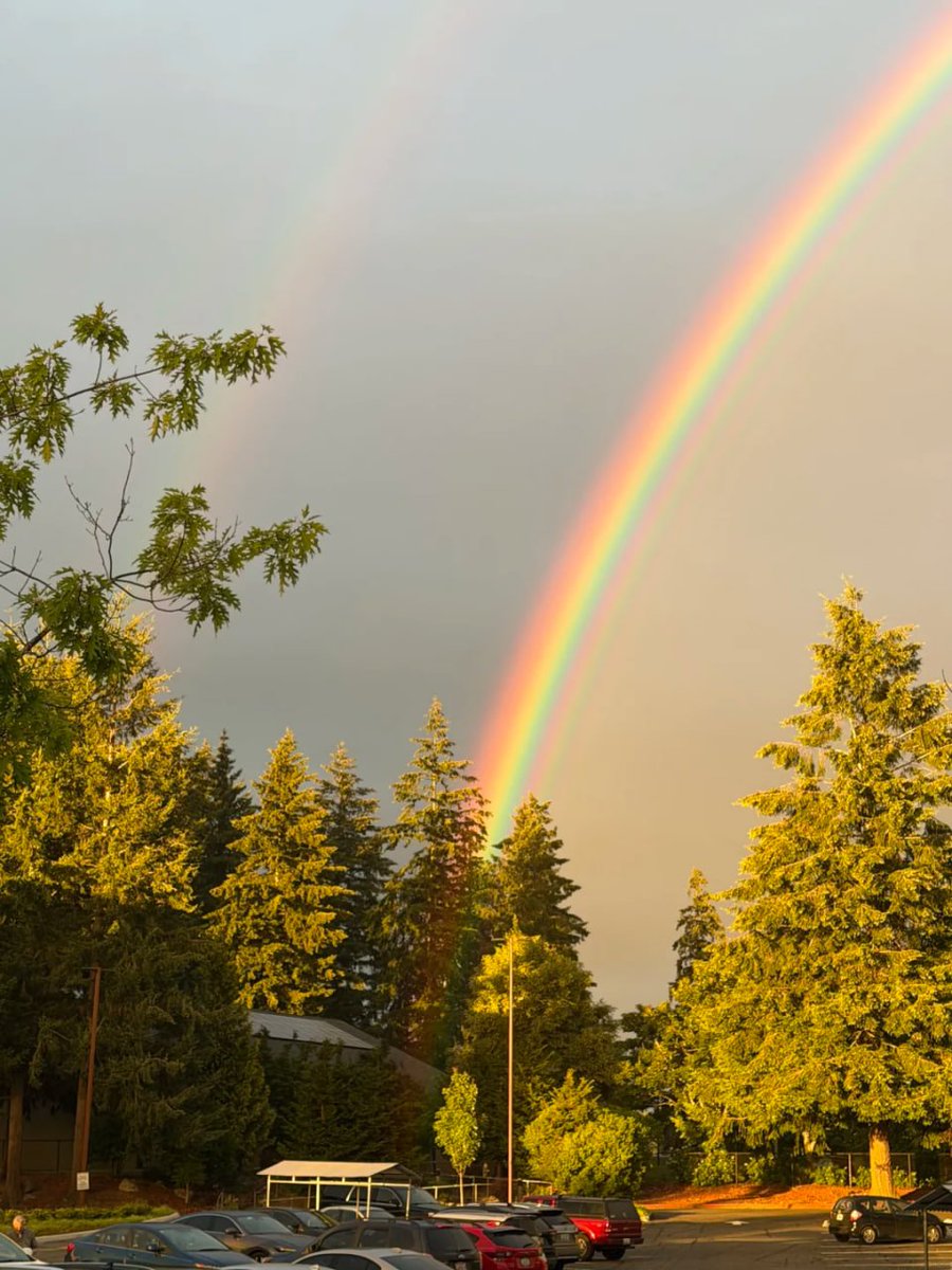 Armacsnnings's tweet photo. Such a thick, sturdy rainbow pillar absolutely stunning. The sky behind it is a strangely glowing yellow🌈

#Seattle #Rainbow https://t.co/lABvLJXiUt