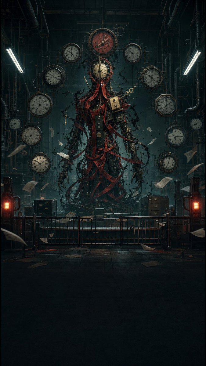 meowsaydev's tweet photo. No one remembers when the factory stopped.

The clocks have come loose from the walls. Red filing tape spills from the cabinets and drifts through the hall.

At the center stands a figure built from ledgers and steel drawers. Its face is an old punch clock.

It never moves.

But whenever a page floats past, the hands on its face turn to the time written at the bottom.

#IndieGameDev #HorrorGame #GameWriting #WeirdFiction