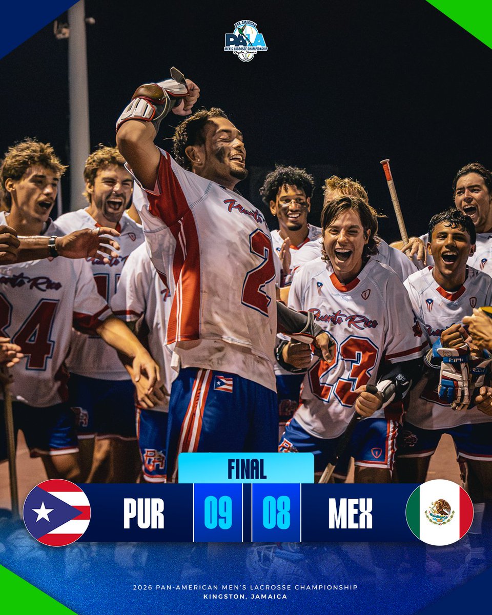WorldLacrosse's tweet photo. ABSOLUTE. CINEMA.

Jayden Vega's game-winner in OT sends Puerto Rico to the 2027 WL Men's Championship! 🇵🇷

#PAMLC26 | #Lacrosse https://t.co/vDRiZwrZQA