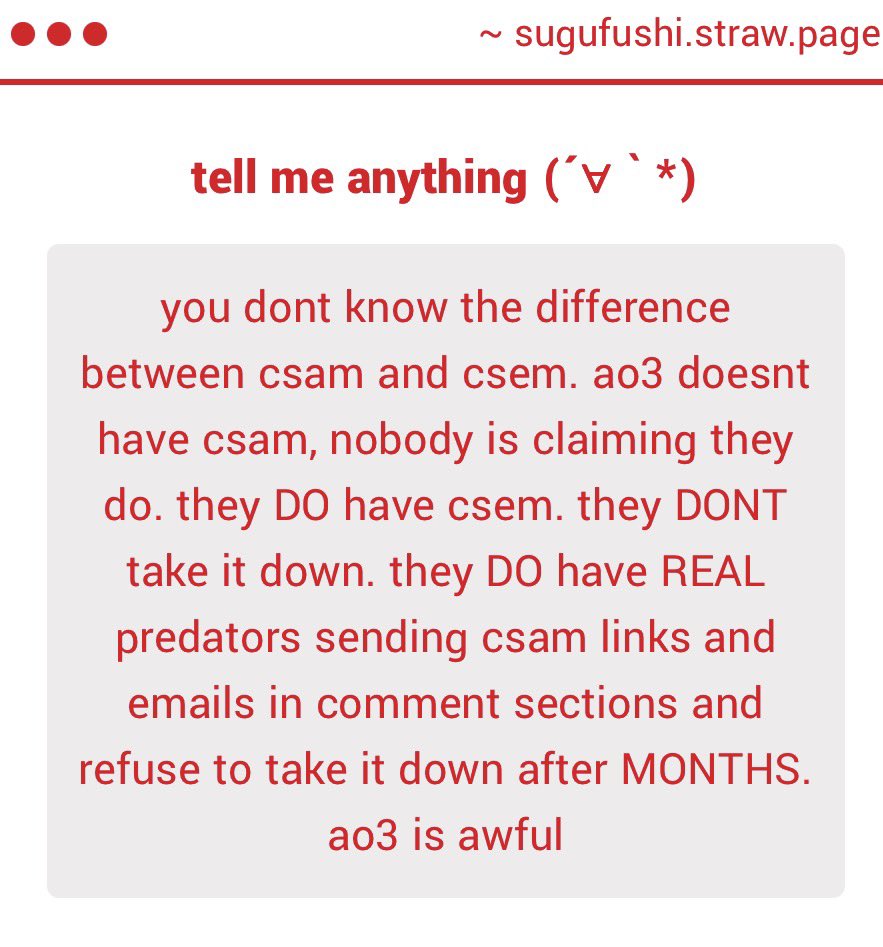peachuwucon's tweet photo. “nobody is claiming they do” when literally every lazy hit tweet hating on ao3 makes this very claim. i know the difference between csam and csem and ao3 has neither. and like i said if yall believed that it did yall wouldn’t use it or spread links to these so called “csam fics” https://t.co/XIDwIGuiW0
