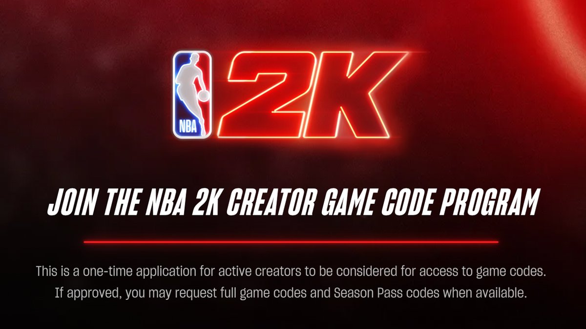 itsEvanCC's tweet photo. We’ve shared a ton of NBA 2K27 news this week, and Early Access is just around the corner!

If you make NBA 2K content, apply for a code in our new Creator Game Code Program: https://t.co/x3auVnrOFS

Codes are limited so we won’t be able to say yes to everyone, but if you’re approved, we’ll reach out directly.

If you were already approved during the program's beta, you're all set, no need to re-apply.