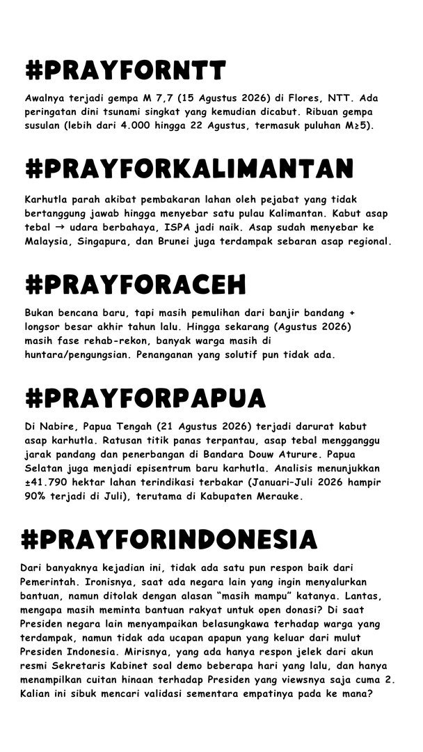 TamagoPost's tweet photo. Di tengah setiap ujian, duka satu daerah adalah duka kita bersama. Mari sejenak melangitkan doa dan saling menguatkan untuk saudara-saudara kita dari Aceh, Kalimantan, NTT, hingga Papua.

Jangan biarkan perhatian kita berpaling! Mari terus bersuara, peduli, dan bergerak saling menjaga🫂🥀

#PRAYFORKALIMANTAN 
#PRAYFORACEH 
#PRAYFORNTT 
#PRAYFORPAPUA 
#PRAYFORINDONESIA
#AllEyesOnIndonesia