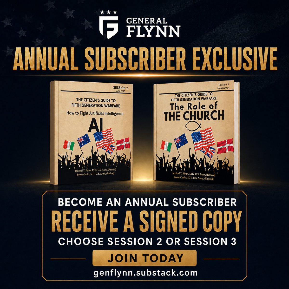 GenFlynn's tweet photo. Become an annual subscriber to my official Substack and receive a signed copy of Session 2: How to Fight Artificial Intelligence or Session 3: The Role of the Church.

Annual members receive full access to my posts and invitations to monthly discussions. https://t.co/2RsslxKuX4