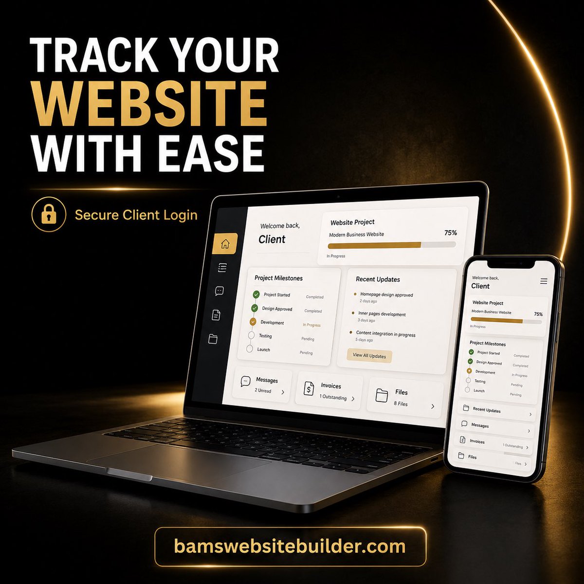 BamsWebsite's tweet photo. Track your website project with ease! With your secure BAM’s Website Builder™ client login, you can follow progress, view updates, send messages, access invoices and manage files—all in one place.

🌐 https://t.co/7JQrVlPZHY

#WebDesign #SmallBusiness https://t.co/11OWy9H2WZ