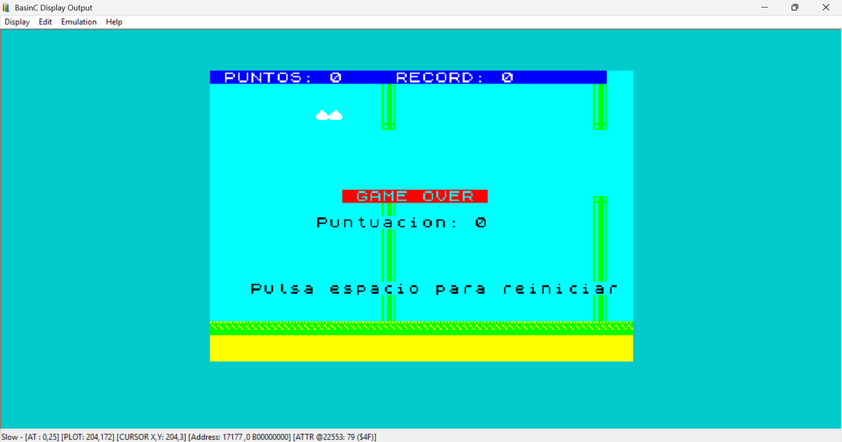 CarlosRetroGame's tweet photo. Versión minimalista del famoso juego Flappy Bird, programada íntegramente en Sinclair BASIC para ZX Spectrum y con gráficos UDG.

⚡ Nota importante: Debido a las limitaciones del intérprete BASIC, el juego es muy lento y no está pensado para ser jugado de manera fluida, sino como demostración técnica retro.

🎨 Gráficos UDG: Obstáculos y pájaro definidos con sprites básicos, mostrando cómo expandir las capacidades visuales del Spectrum sin ensamblador.

👉 Ideal para curiosos de la programación retro y coleccionistas de rarezas del Spectrum.