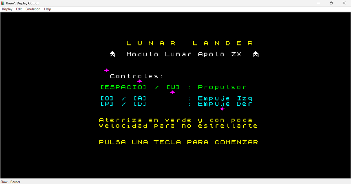 CarlosRetroGame's tweet photo. Clásico reto de descenso lunar, Lunar Lander, programado en Sinclair BASIC con gráficos UDG para la nave y el terreno.

⚡ Nota importante: La simulación es muy lenta debido al intérprete BASIC, y está pensada como demostración técnica de física simplificada en el Spectrum.

📚 Objetivo: Explorar cómo se puede implementar un sistema de control y gravedad en BASIC puro.

👉 Un recurso educativo para quienes disfrutan de la programación retro y las limitaciones del Spectrum.